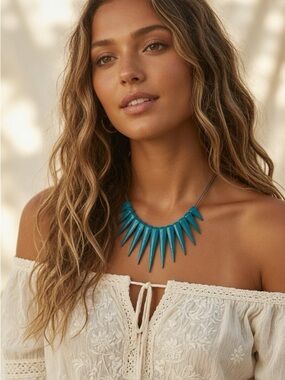 Turquoise Blue Spike Rocker Rebel Edgy Tribal Festival Concert Necklace Artsy